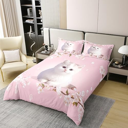 jejeloiu Juego de funda de edredón de algodón para niños, gatos, tamaño individual, lindo gatito floral, juego de funda de edredón para niñas,