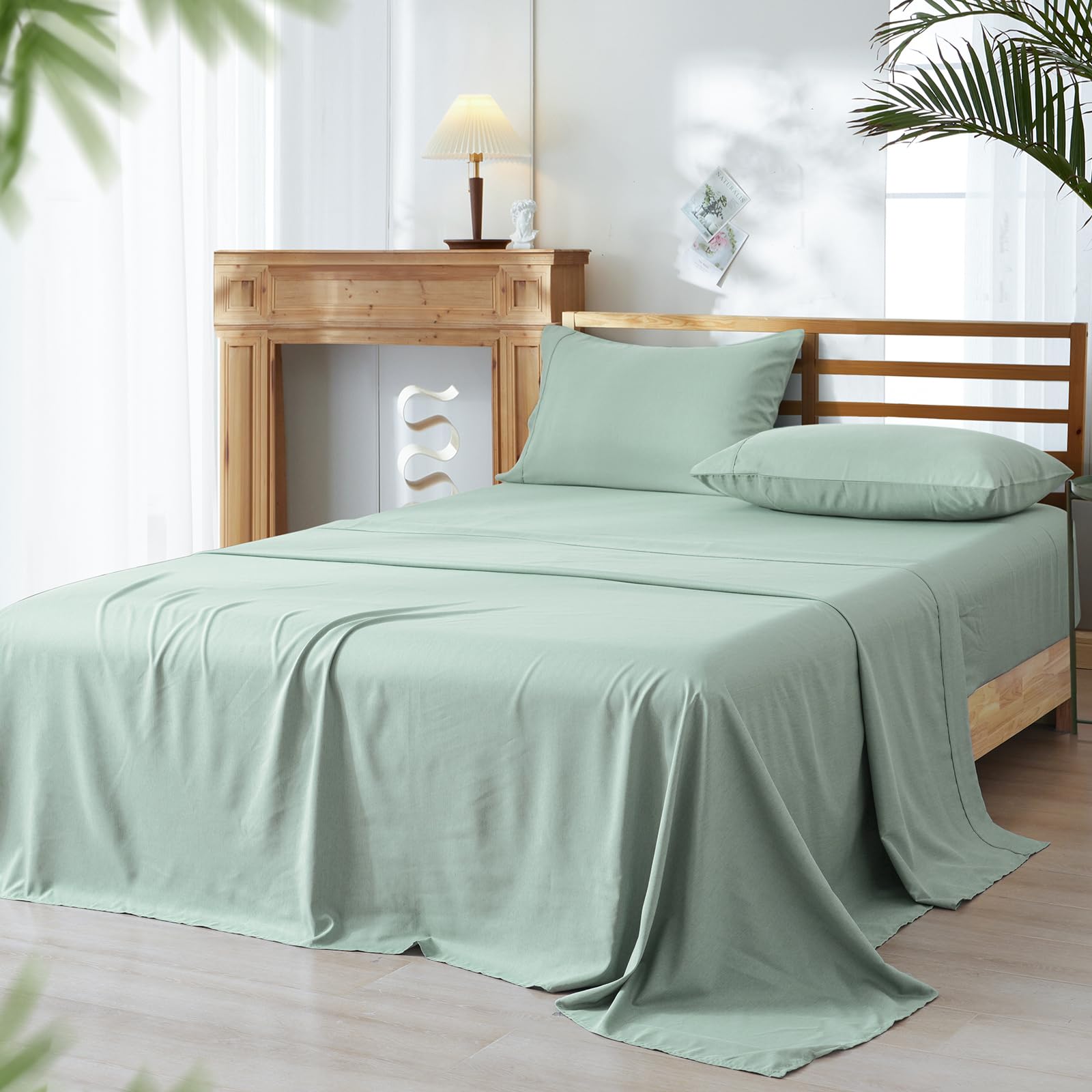 PHF Cooling Sheets Set King Size, Rayon Derived from Bamboo & Polyester, Breathable & Wrinkle Free Silky Soft Bedding Sheets, Wider Elastic Band, 16" Deep Pocket Bedding Set & Pillowcase, Sage Green
