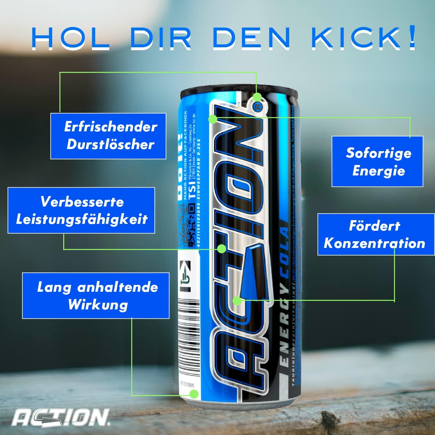 ACTION Energy Drink Cola (48 x 250 ml) con depósito – Bebida refrescante – Energía con mayor contenido de cafeína 32 mg/100 ml de cafeína bebida energética para mejorar el enfoque