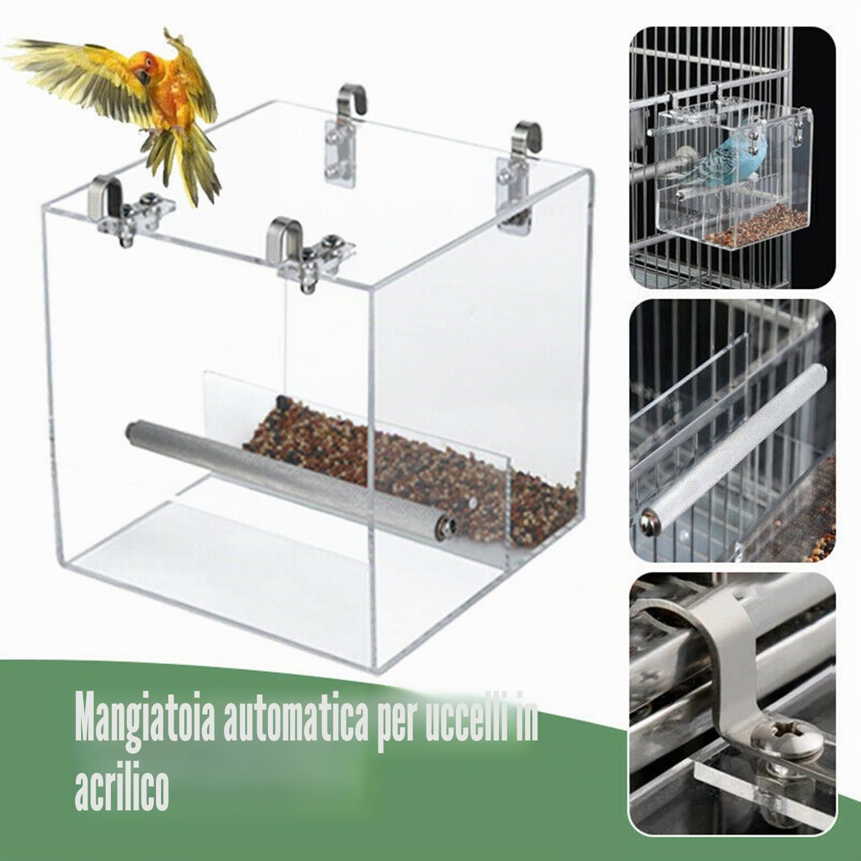 GURECOD Gabbia per uccelli, mangiatoia per uccelli in acrilico senza perdite, distributore di semi per pappagalli, pappagallo, pappagallo canarino e fringuello (13x13x11cm)