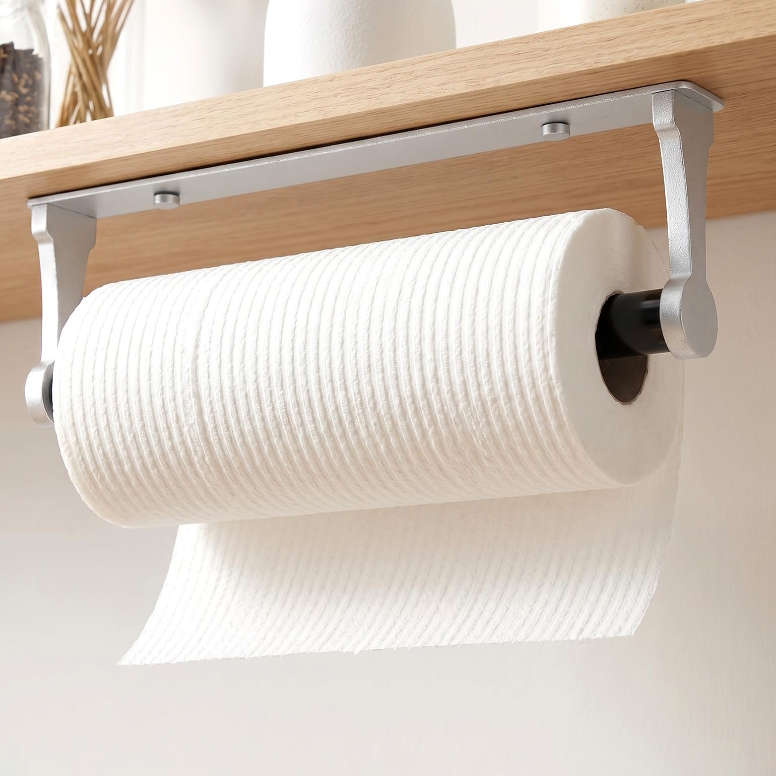 YUET Kitchen Roll Holder under Cabinet, Adhesive or Screw Fixed Options Kitchen Roll Holder Wall Mounted, Aluminum Alloy Paper Towel Holders for kitchenette, Bathroom, Living Room, Sliver