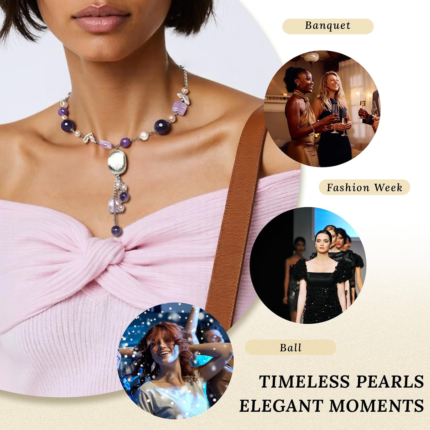 Handmade Freshwater Pearl Necklace with 6-7mm Pink Round Pearls - 20" Vintage Beaded Charms Baroque Pearl with Amethyst, 1-Strand, Silver Clasp Luxury Jewelry Gift