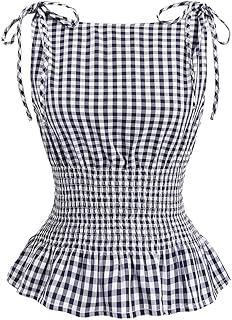 Women's Plaid Print Tie Shoulder Ruffle Tank Shirts Shirred Vintage Babydoll Tops