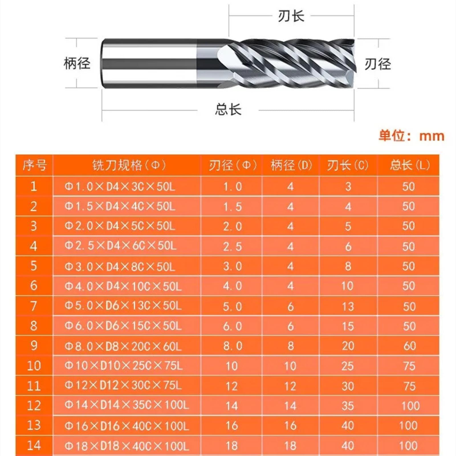 Fresa de extremo de 4 ranuras Hrc50, fresa de aleación de acero de tungsteno, herramientas de fresado CNC para trabajar la madera en acero (12,0 x 100 mm)