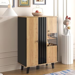 BNUZ 80 x 40 x 120 cm, aparador moderno, vitrina con cristal e iluminación LED, combinación de negro y madera