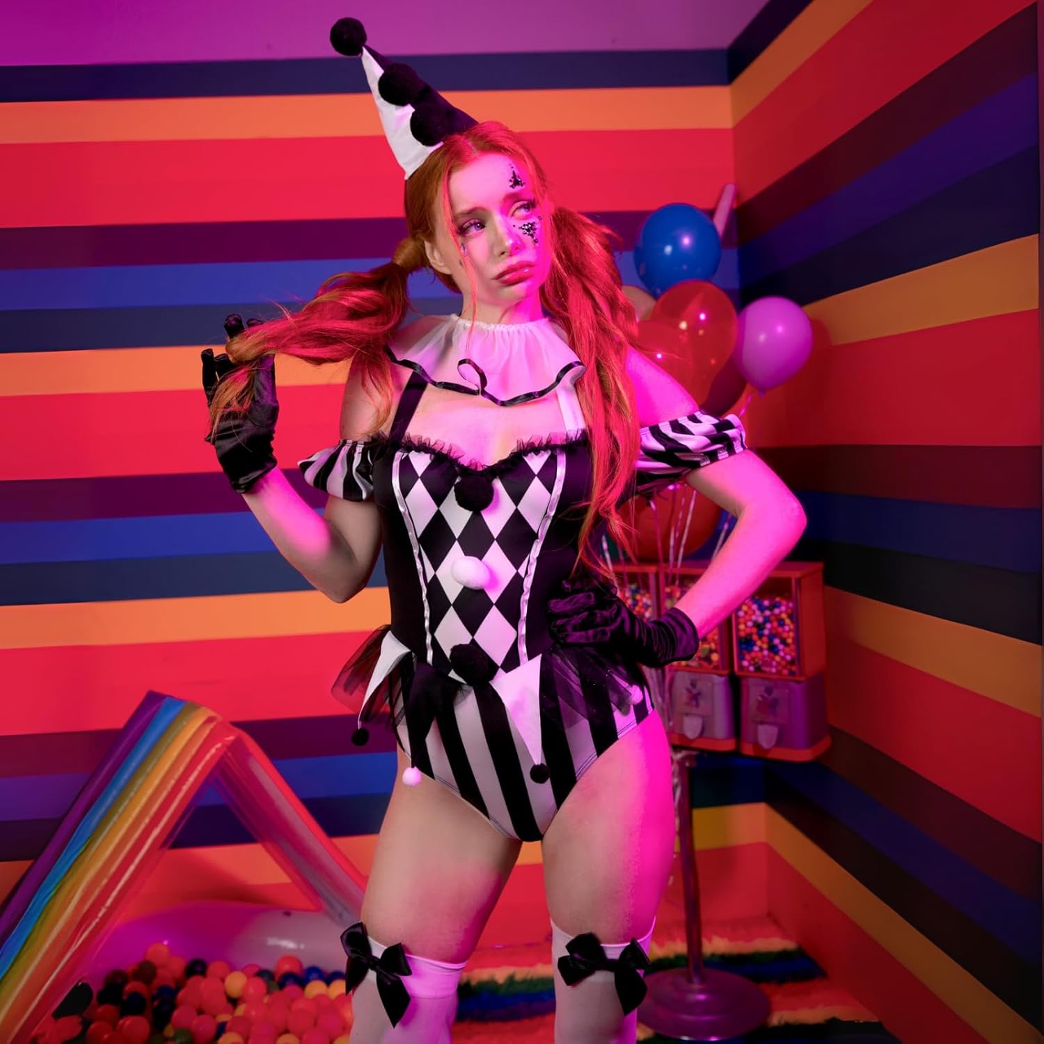 Leg Avenue Women's 4 Pc Captivating Circus Clown with Snap Crotch Bodysuit With Neck Ruffle, Wrist Ruffles, Hat Headband - Image 5