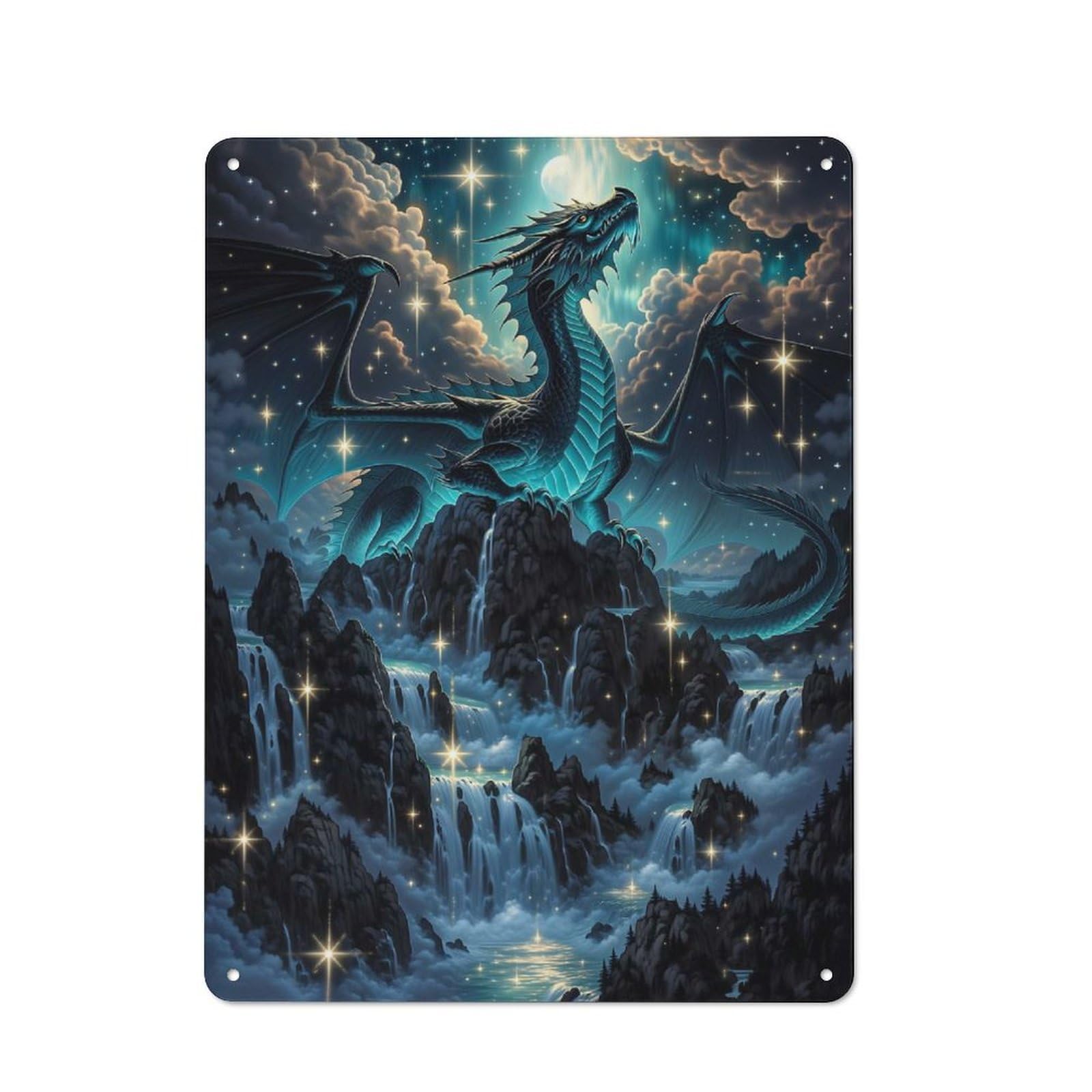 Garage Style Dragon Over Waterfalls Under Starry Sky Decorative Metal Plaque 40x30cm, Garage Wall Decor for Workshop, Basement, Shed Or Games Room