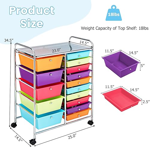 Miniatura 3 de COSTWAY Carrito de almacenamiento con ruedas de 15 cajones organizador de almacenamiento móvil multiusos con cajones extraíbles y marco de metal