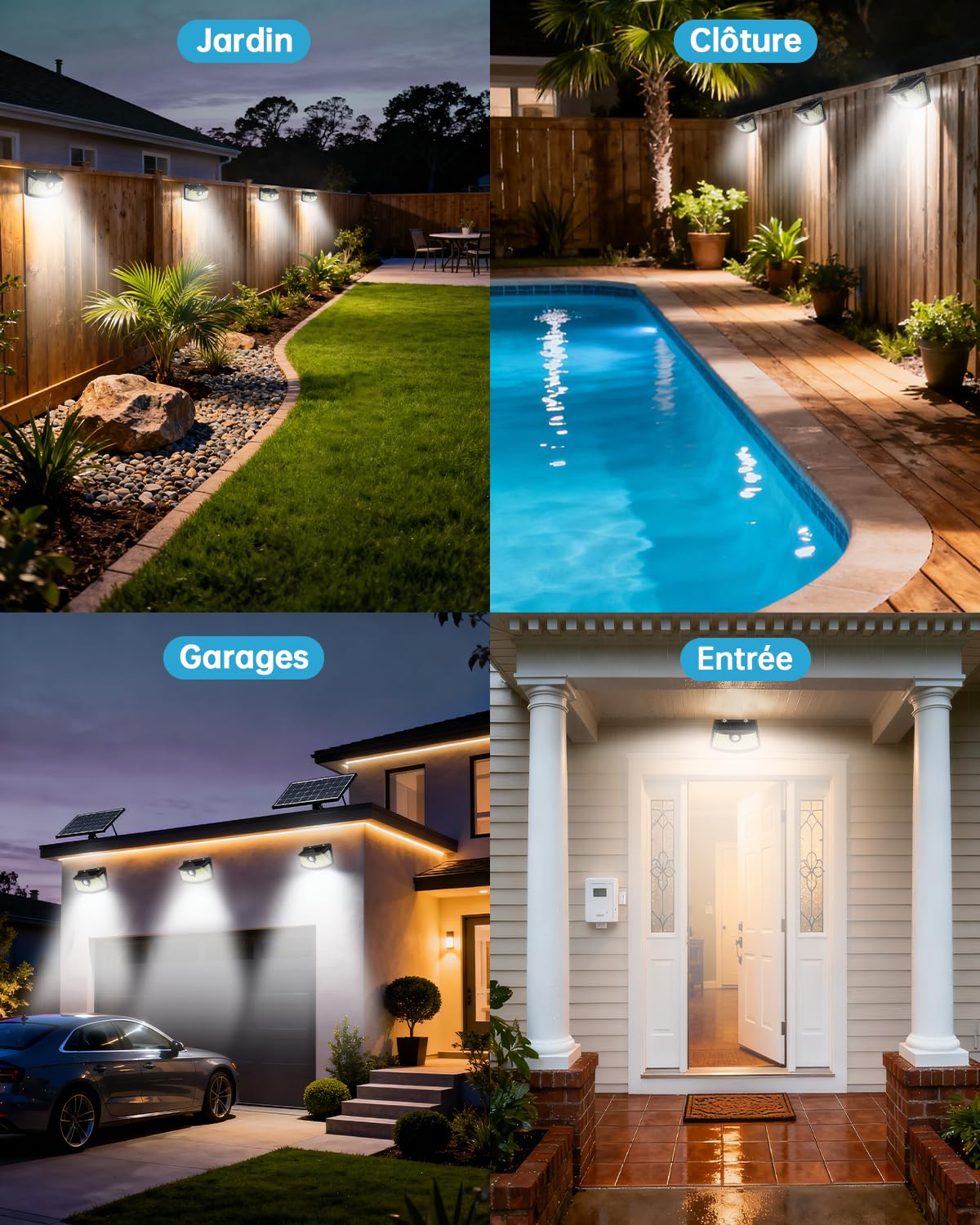 Aootek Lampe Solaire Extérieur 4-Pack - 120 LEDs IP65 étanche, Détecteur de Mouvement 8m, Wide Angle, Batterie Lithium, lumière solaire extérieur, Coque Noire, Lumière Froide