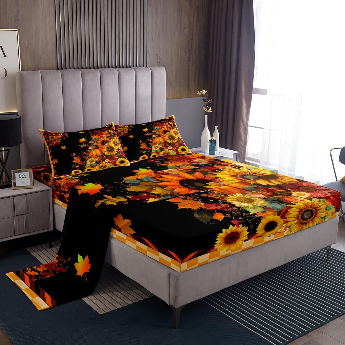 Feelyou Pumpkin Bed Sheets Set Fall Sunflowers Butterfly Sheet Set Boys Girls Geometric Plaid Decor Sheets with Deep Pocket Fitted Sheet Microfiber Vintage Maple Leaves Bed ing Set Bed OOM Queen Size