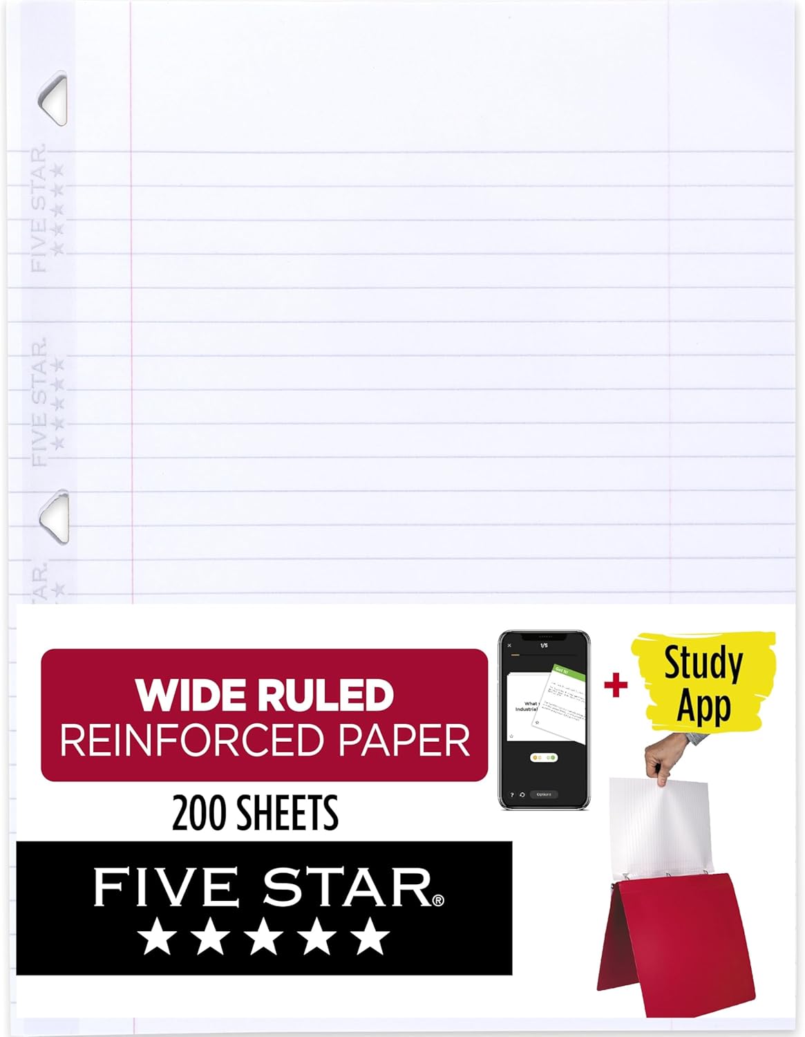 Five Star Loose Leaf Paper + Study App, Wide Ruled Filler Notebook Paper, Reinforced, Fights Ink Bleed, 8" x 10-1/2", 200 Sheets (150039-ECM) (Pack of 6)
