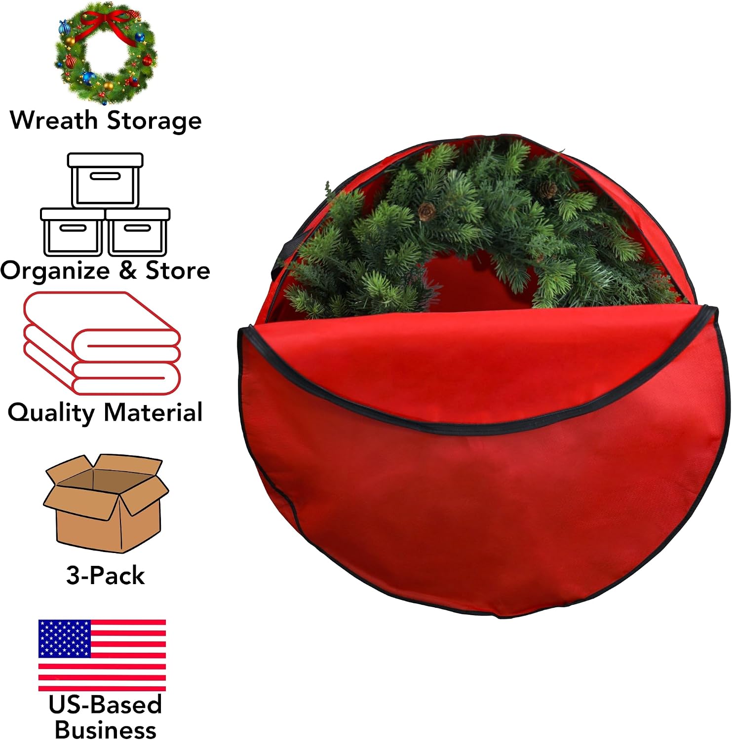 Iconikal 3-Pack Wreath Storage Bag with Handle 30-Inch Diameter Red Zippered Christmas Holiday Garland Organizer Tear-Resistant Protective Bulk Pack