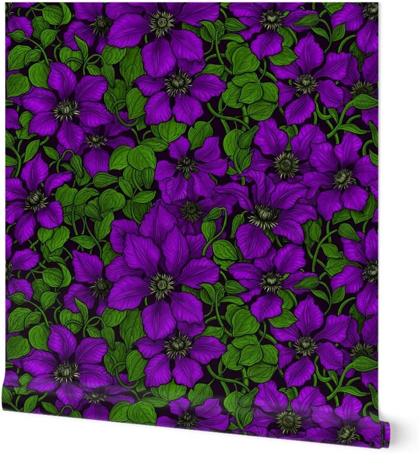 Peel & Stick Wallpaper 6ft x 2ft - Vivid Dark Violet Purple Flower Leaves Floral Botanical Garden Custom Removable Wallpaper by Spoonflower