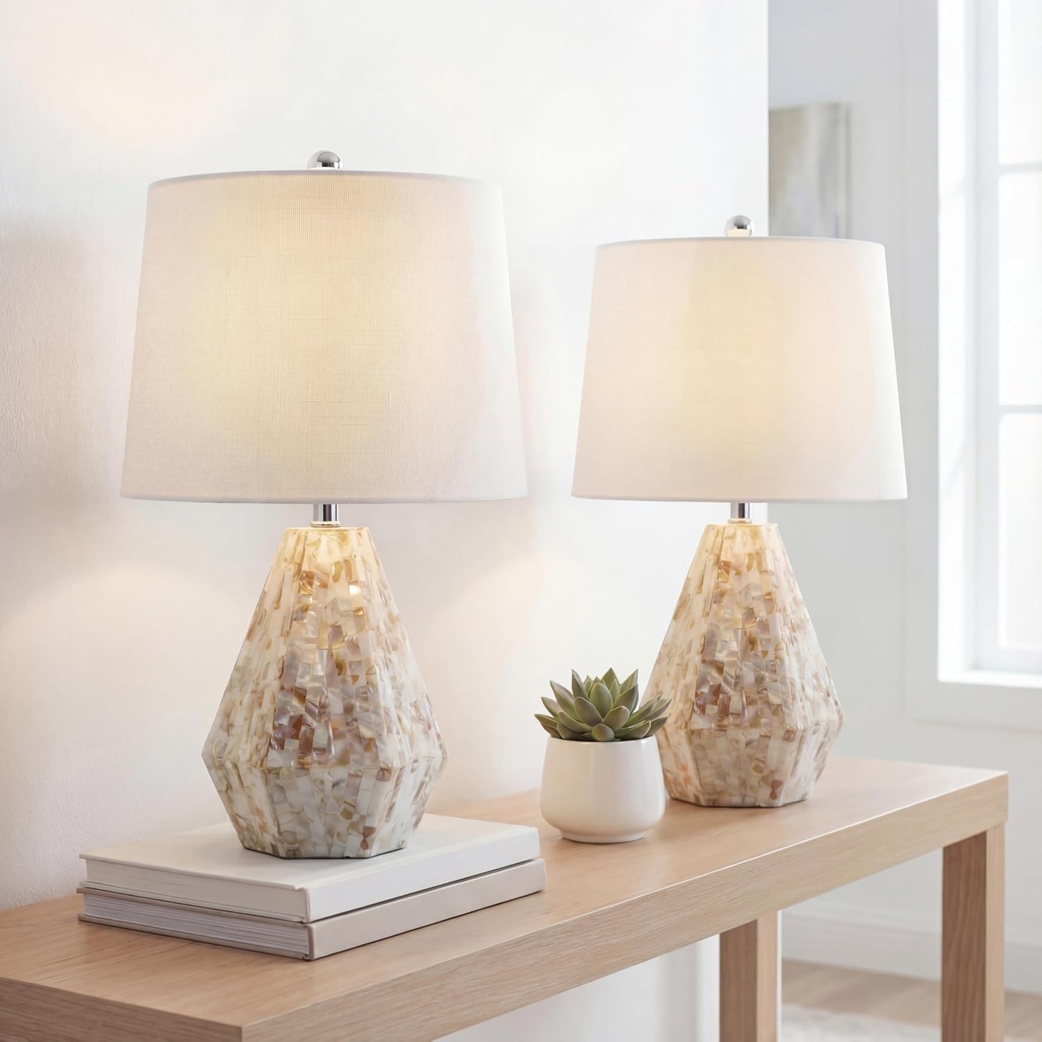 JONATHAN Y 21" Natural Ivory Seashell Mosaic Table Lamp Set of 2, Coastal Geometric Resin Bedside Lamps for Living Room Bedroom, White Linen Drum Shade, LED Bulbs Included JYL4004A-SET2