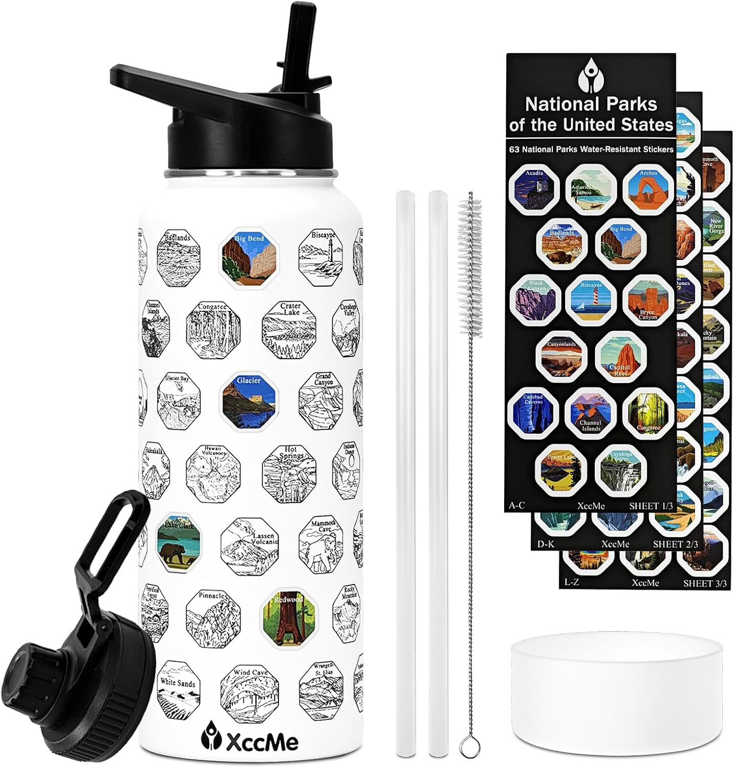 40 oz National Parks Water Bottle with Stickers,Insulated Stainless Steel Water Bottle with 2 Lids,Straws,Silicone Boot,Waterproof Stickers,Travel Vacuum Sealed Metal Bottle,Leak Proof (White)