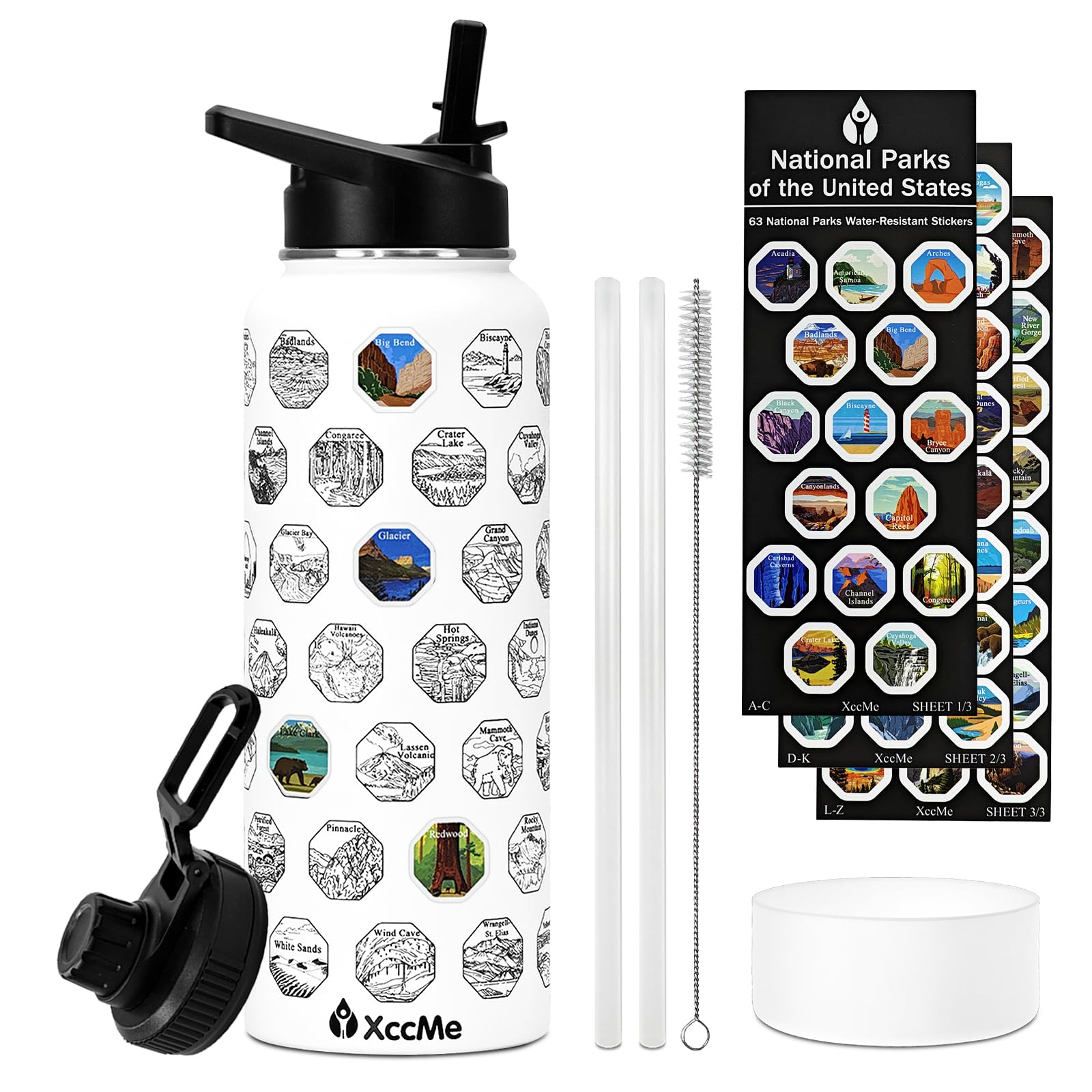 XccMe 40 oz National Parks Water Bottle with Stickers,Insulated Stainless Steel Water Bottle with 2 Lids,Straws,Silicone Boot,Waterproof Stickers,Travel Vacuum Sealed Metal Bottle,Leak Proof (White)