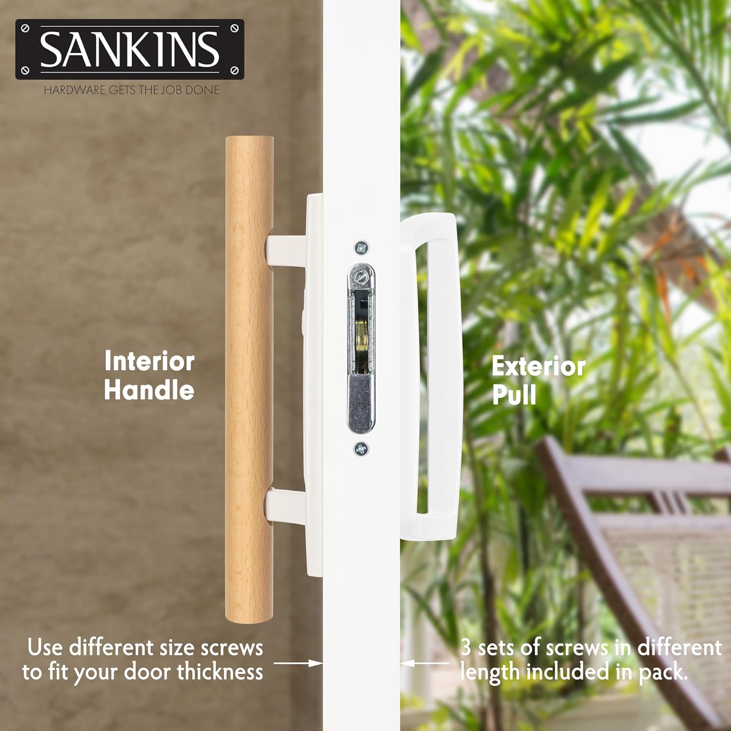 Sliding Patio Door Handle Set with Mortise Lock, Replacement Oak Wood Flush Handle & Exterior Pull in Diecast for Sliding Glass Door, Fits 3-15/16” Hole Spacing, Mortise Lock 45°, Non-Keyed, White