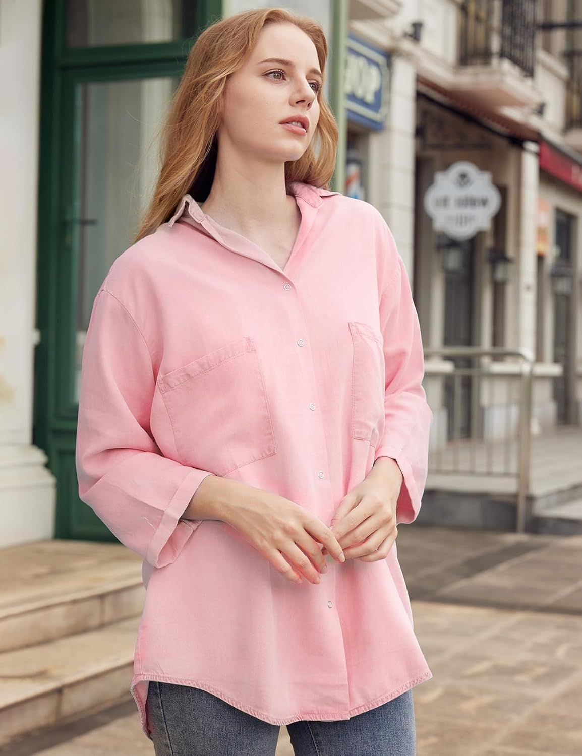 Yimoon Womens Denim Shirts Chambray Button Down Jean Shirt Denim Tencel 3/4 Sleeve Tops - Image 4