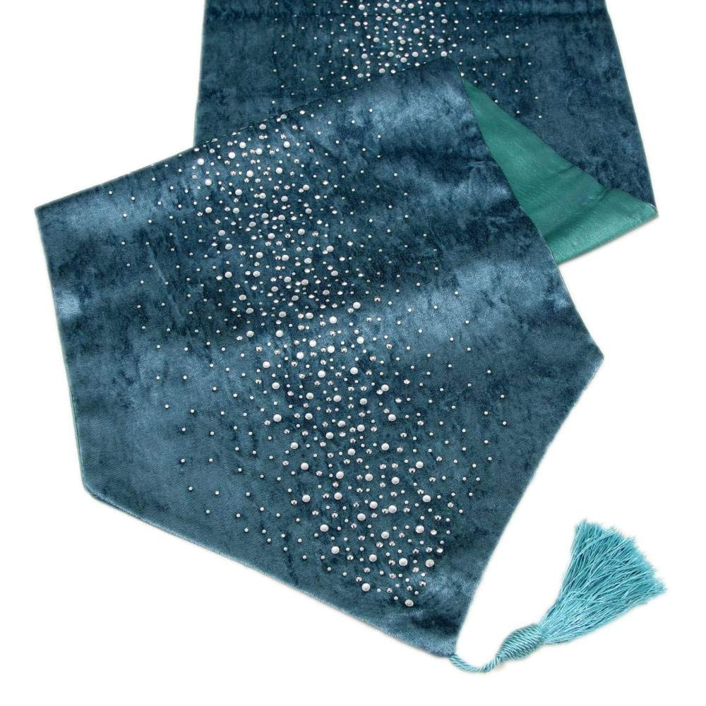 Runner Da Tavolino,Tovaglia Blu Di Lusso Con Strass In Velluto Europeo Nappa Squisita Elegante Stuoia Decorativa Scintillante Per Sala Da Pranzo Per Feste Di Matrimonio, 12,6 × 106,3 Pollici / 32
