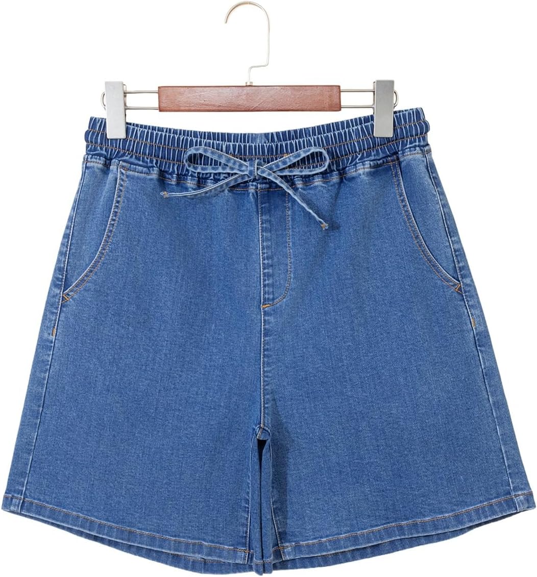 SIDEFEEL Womens Jean Shorts High Waisted Stretchy Summer Drawstring Elastic Waist Baggy Denim Shorts