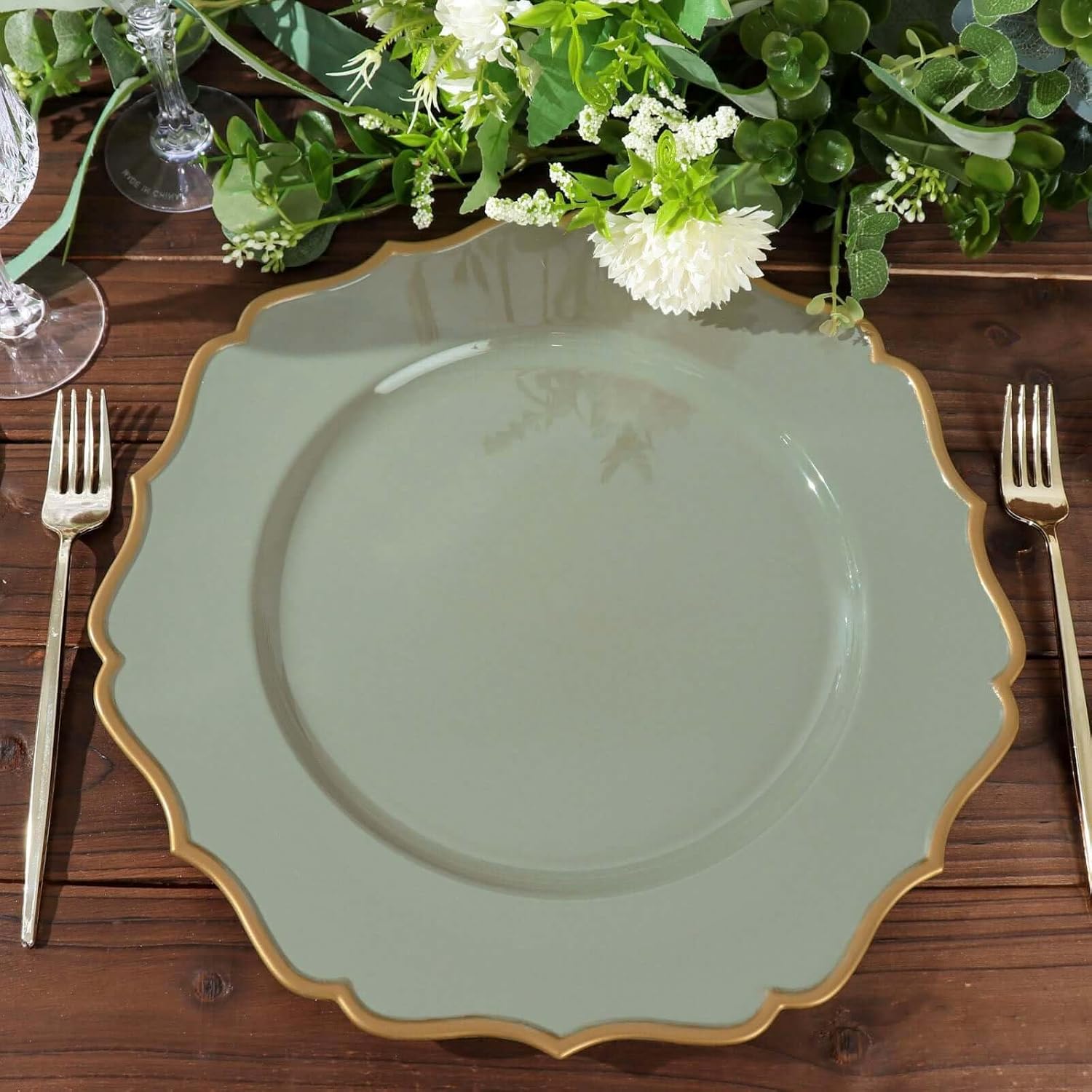 13" Charger Plates - Set of 12 - Dusty Sage Green Round Acrylic Chargers with Scalloped Rim, Ideal for Dinner Party Wedding Holiday Bulk Events