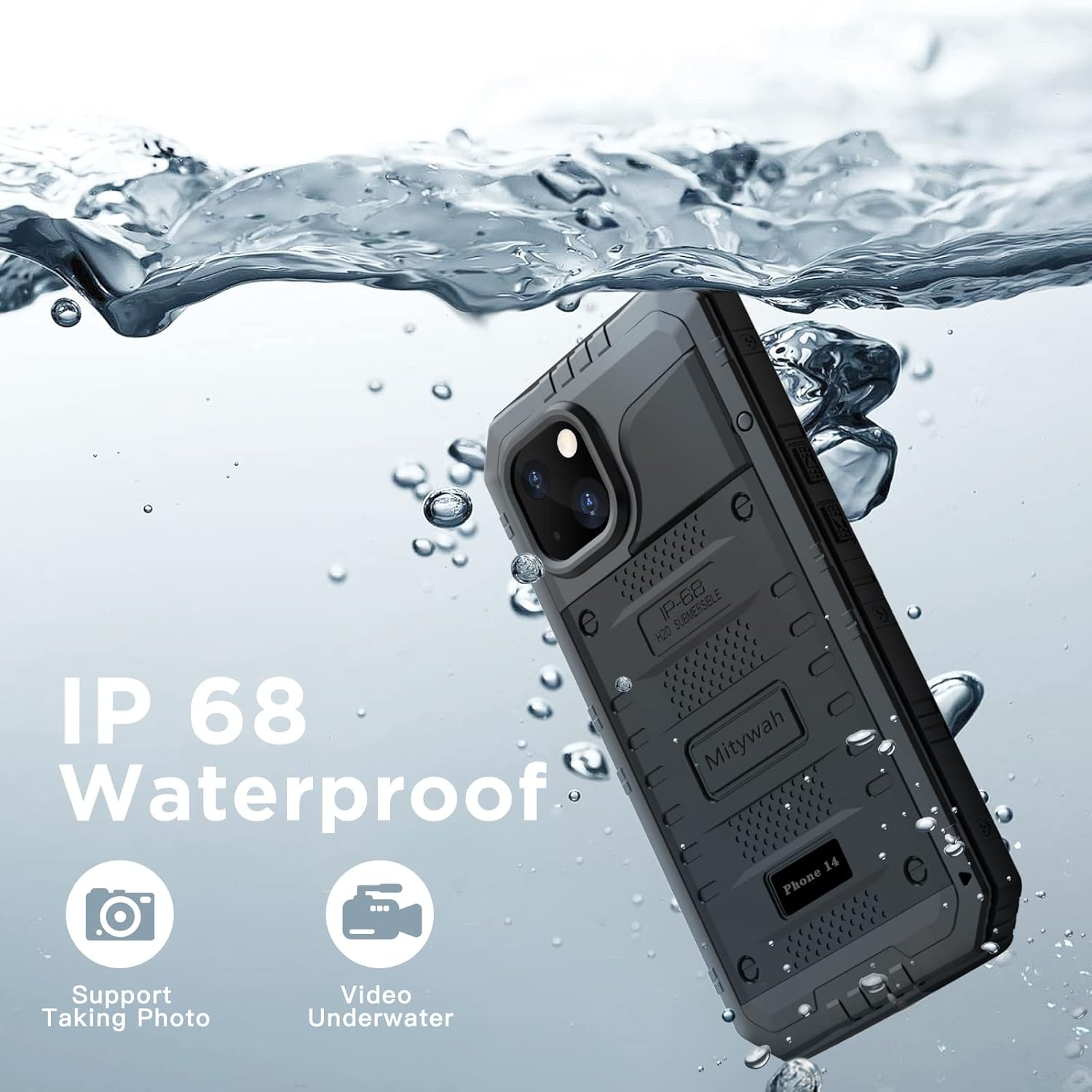 Mitywah Waterproof Case for iPhone 14, Heavy Duty Shockproof Case with Built-in Screen Protector, Full Body Underwater Protective Metal Case 6.1 inch, Black - Image 4