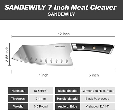 Miniatura 4 de SANDEWILY Meat Cleaver Chef Knife,7-in Ultra Sharp Kitchen Knife,Slicer Knife Cooking Knife Vegetable Knife,German HC Stainless Steel,Full Tang Wood