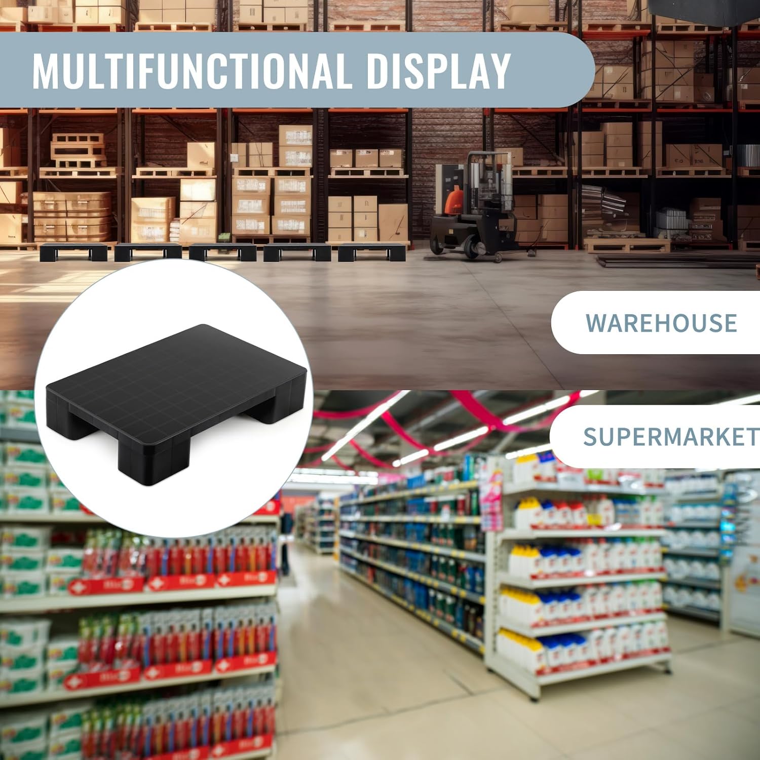 2 Pcs Plastic Pallet for Basement Storage Easy Stack Lightweight Floor Pallet Display Flooring Room Supermarket Christmas, Support up to 2000 Lbs (23'' L X 16'' W X 4.7'' H,Black)