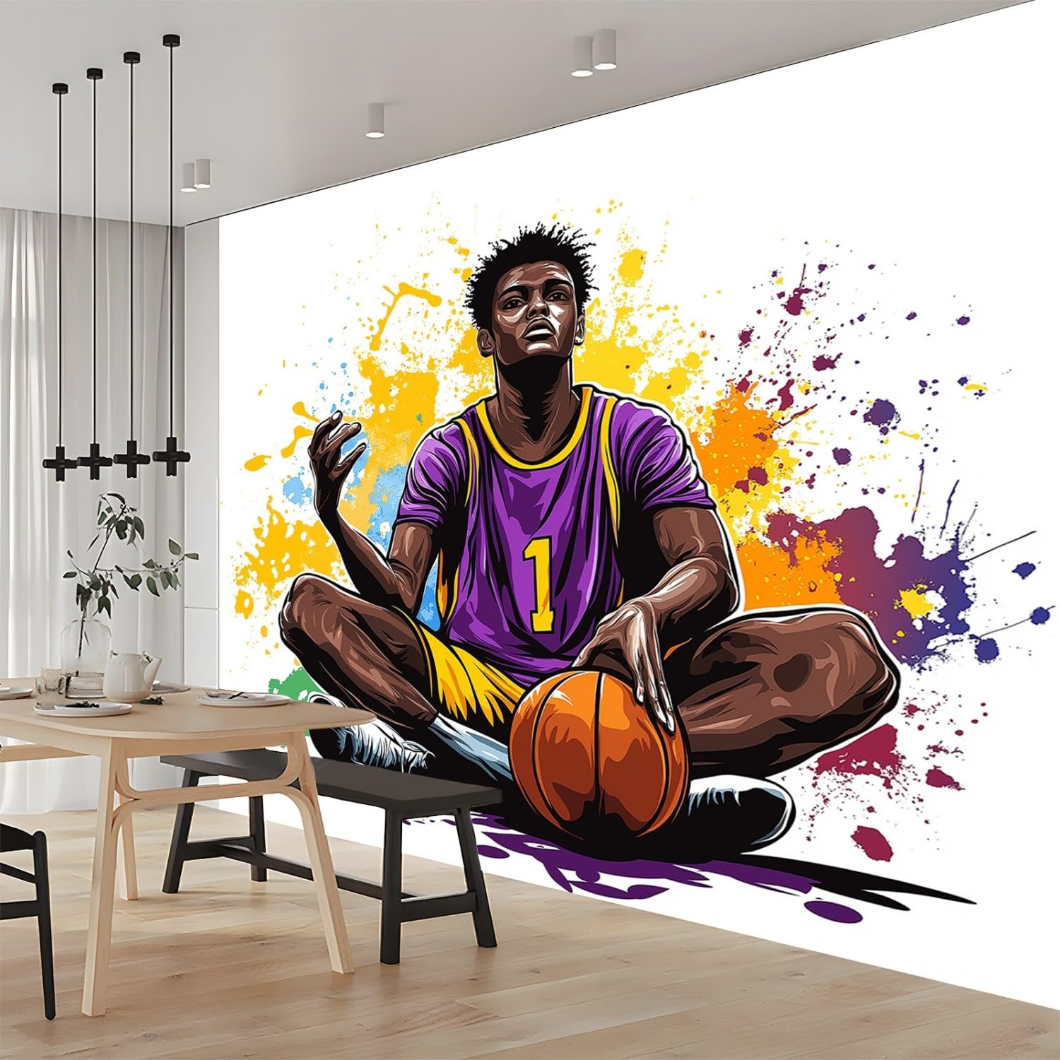 Fototapeta 3D, 400 x 280 cm, moda sportowa, tapeta z włókniny, koszykówka, sportowcy, graffiti – nowoczesna dekoracja ścienna do salonu, sypialni, pokoju dziecięcego lub biura – bezzapachowa, XXL