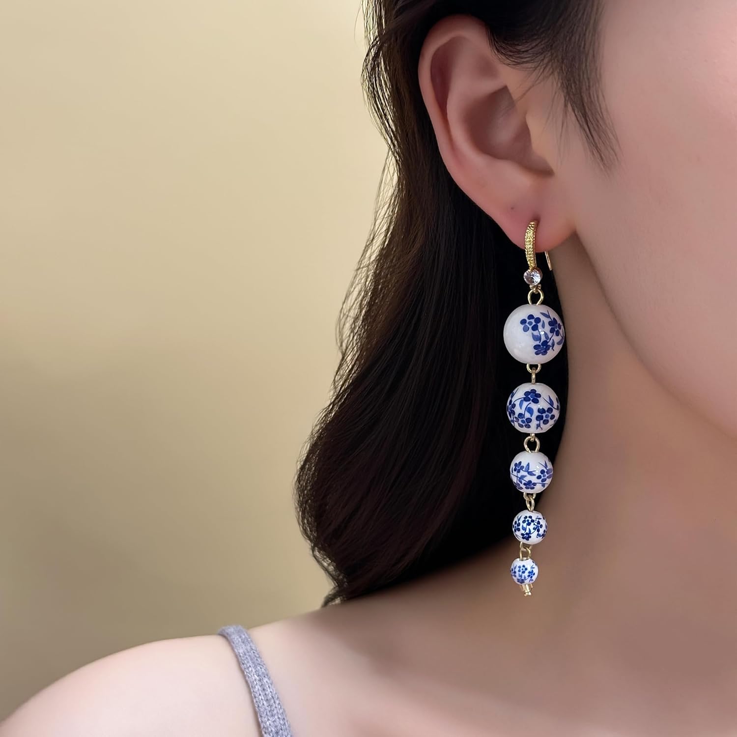 Dangling Ceramic Ball Beads Drop Dangle Hoop Earrings for Women,Lightweight Long 5 Balls Vintage Statement Jewelry Earrings For Formal Party Prom Wedding - Image 3