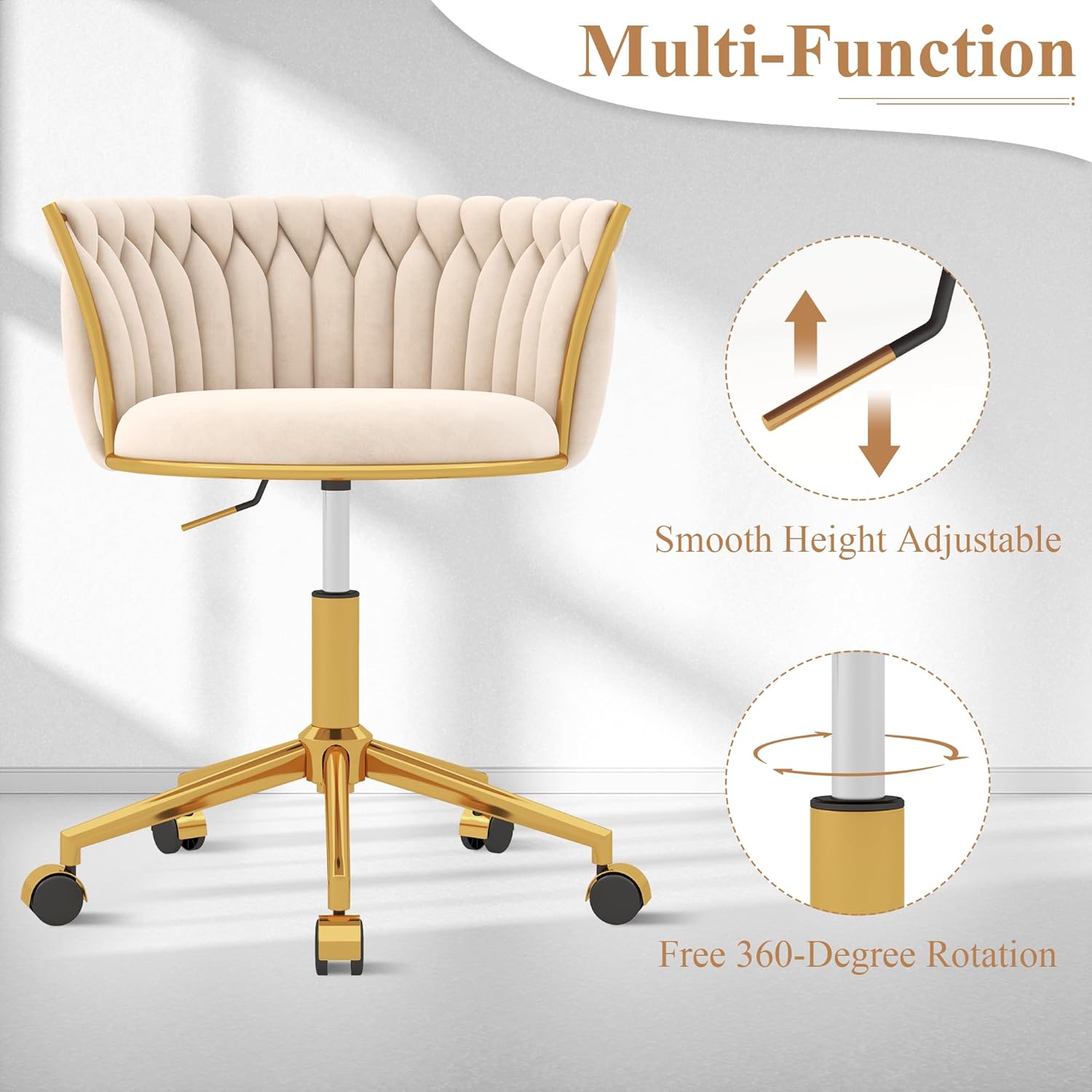 ABET Vanity Chair with Wheels, Small Velvet Office Desk Chair, Hand Woven Semi-Circle Makeup Stools for Girls Women Bedroom Nail Table, 360° Swivel & Height Adjustable Gold Base Armchair, Beige