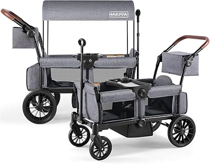 HARPPA All-Terrain Wagon Stroller for 2 Kids, Foldable Outdoor & Beach Stroller Wagon with Removable Canopy, Adjustable Push & Pull Handle, Footwell & Large Storage, Grey