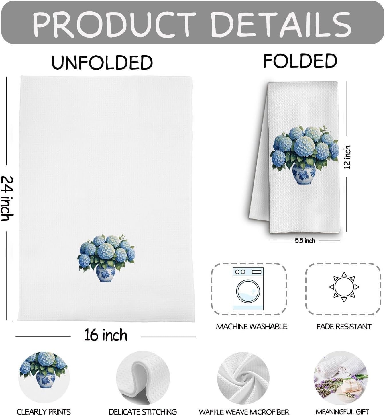 Chinoiserie Hydrangea Kitchen Towels, Blue and White Hydrangea Floral Dish Tea Towels for Kitchen, Grandmillennial Vase Flower Decorative Hand Towel for Bathroom, 16x24 Inch Set of 2 - Image 6