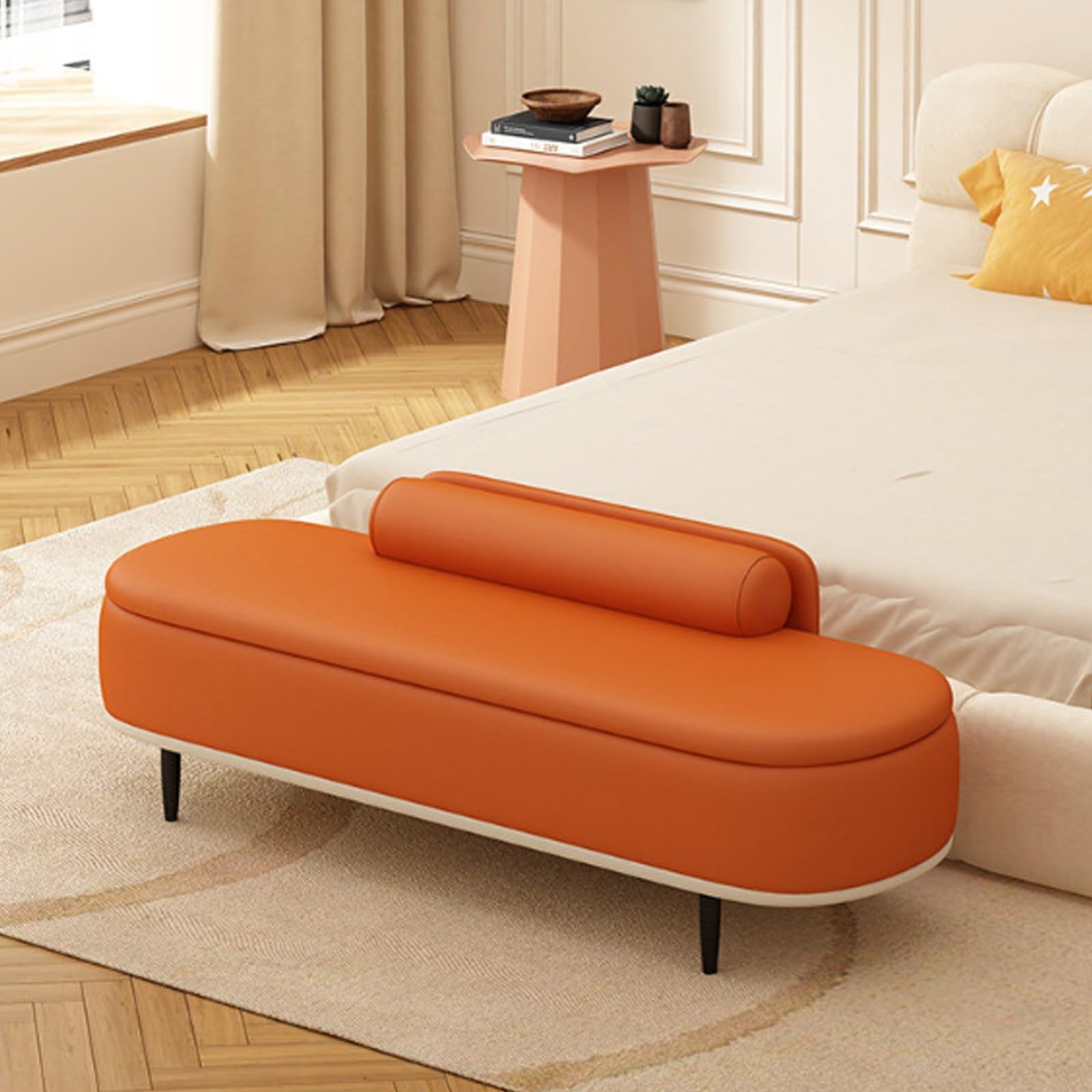 Otoman de Almacenamiento con Tapa Abatible Banco de Madera y Reposapiés de Cuero de 60cm