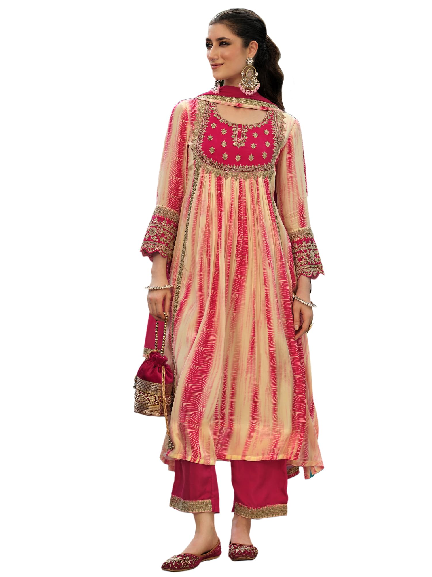 Women's Silk Crepe Floral Embroidered A-Line Kurta & Pant with Dupatta Set (IEOUT161)-image-41