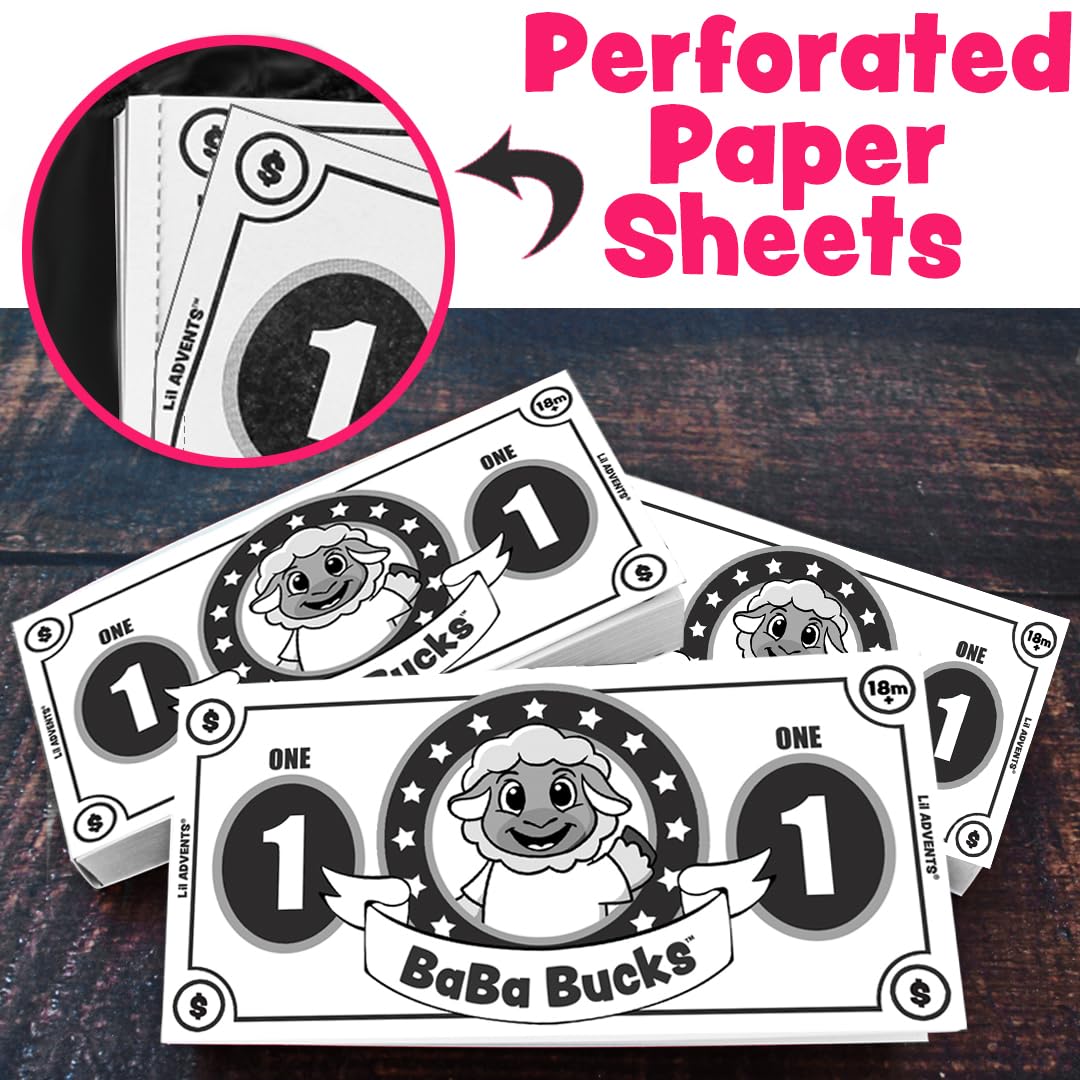 LIL ADVENTS Baba Bucks: Age 18M+ Educational Behavior Incentive Rewards - for Toddlers & Kids Visually Count, Collect & Cash in - $1 $2 $3 Bills - 100 Perforated Paper Sheets