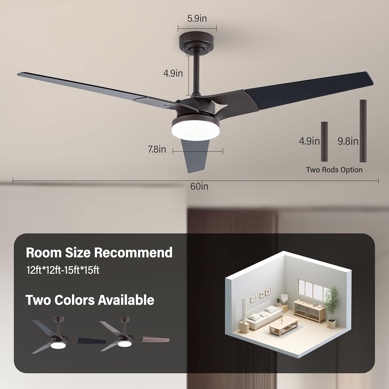 Ceiling Fan with Lights and Remote, 3 Blade App Control Timer Reversible Stepless Brightness and Color Temperature Outdoor Wood Ceiling Fan with Lights (Brown, 60 In'ch)