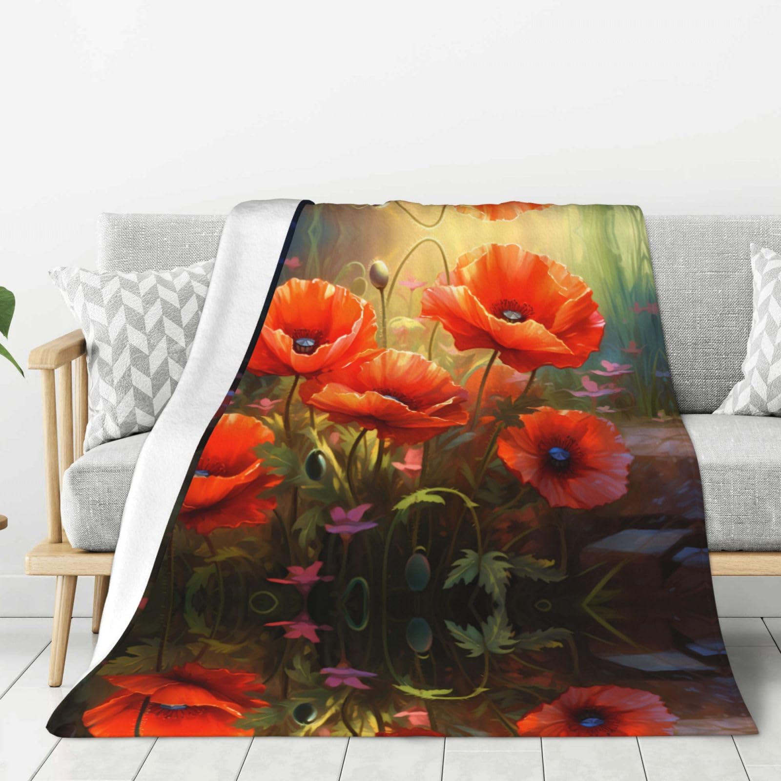 Couverture flanelle coquelicots grand format 203x152 cm légère et chaude