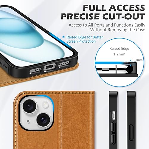 Miniatura 8 de SHIELDON Funda para iPhone 15 5G 2023, piel auténtica para iPhone 15, cartera con función atril, bloqueo RFID, tarjetero magnético a prueba de