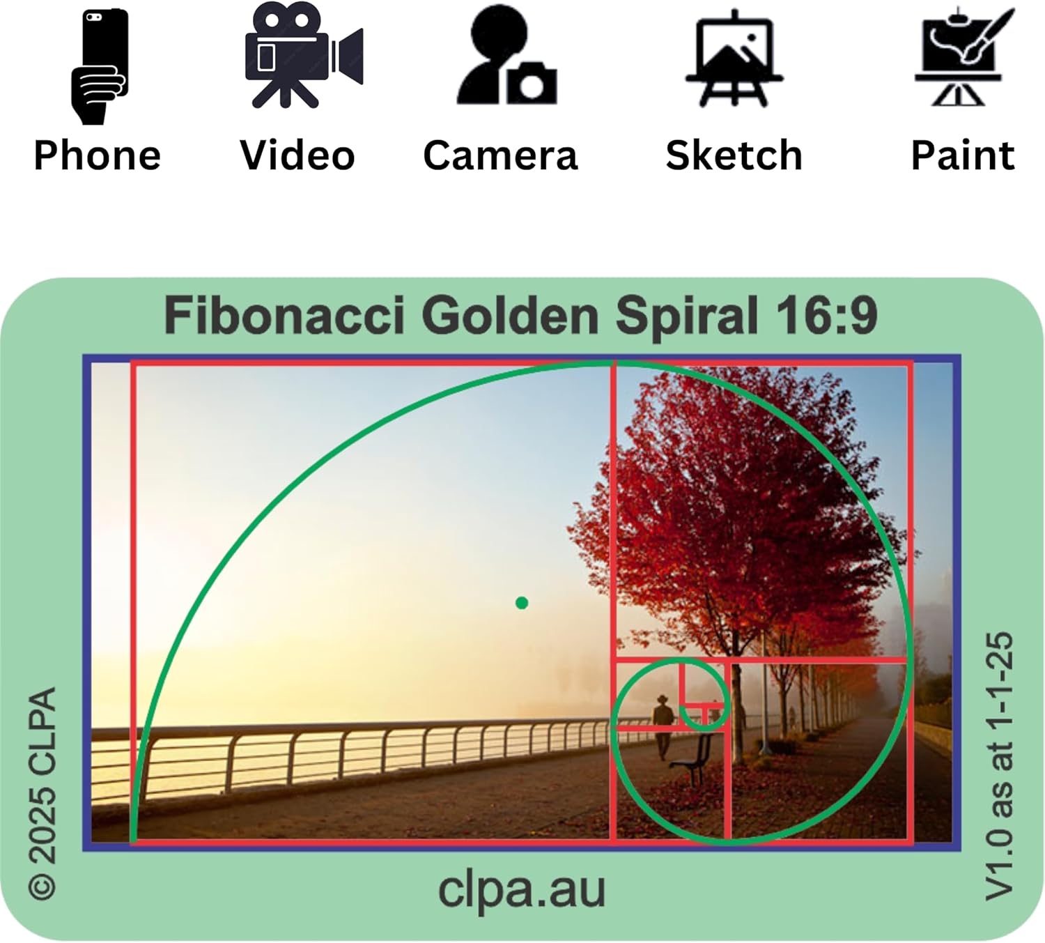Fibonacci Viewfinder Set — 4 Layouts, 12 Cards | Artist Viewfinder for Drawing and Photography | Fibonacci Spiral, Grid, Matrix and Diagonals | Made in Australia