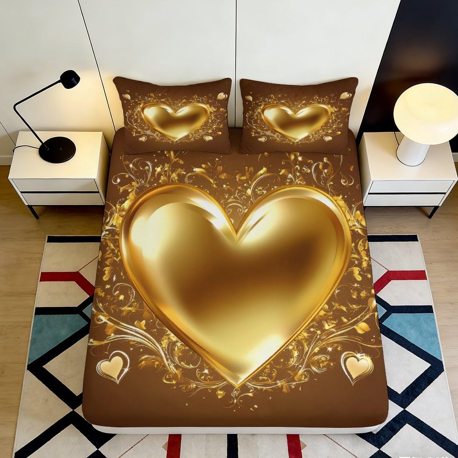 3D Printed Golden Heart Fitted Sheet Microfiber Soft Breathable Brown Bed Cover for Bedroom Dormitory Guest Room Mattress Protection Decor 140x200x25cm