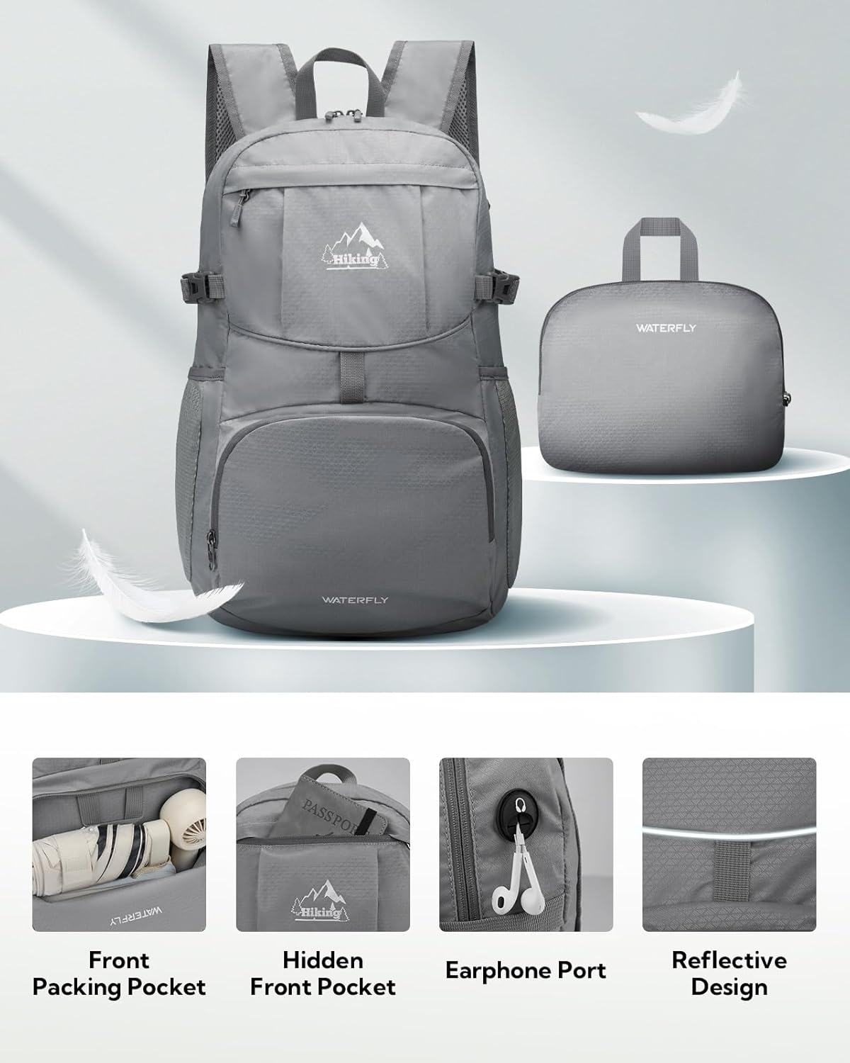 WATERFLY Hiking Packable Daypack Backpack: 35L Ultra Lightweight Day Pack for Woman Man - Large Compact Folding Back Pack for Outdoor Sport Cycling Camping Travel Trip - Gray