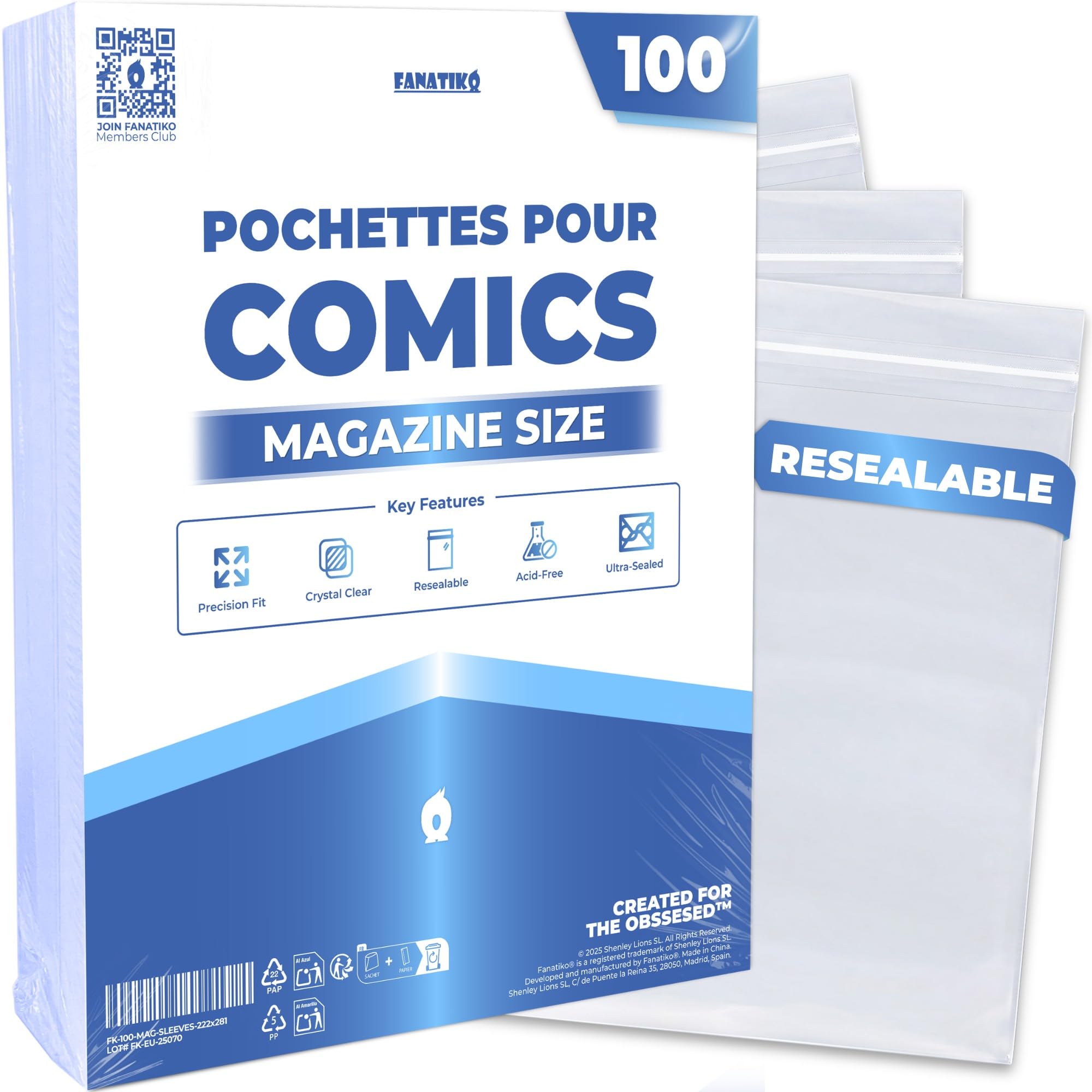 Pochettes Comics Magazine Size (Lot de 100) – Comic Bags avec Fermeture Adhésive, Sans Acide, Ajustement Précis pour BD Grand Format, Haute Transparence
