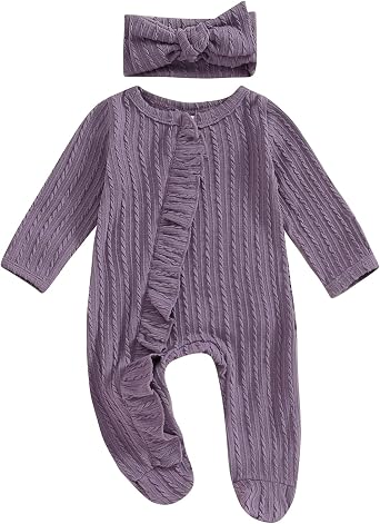MoZiKQin Newborn Baby Girl Ruffle Romper Knit Sweater Footie Jumpsuit Long Sleeve Zipper Romper Cute Fall Winter Outfits