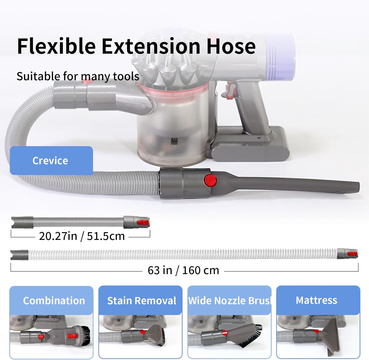 Replacement Attachment Kit compatible with Dyson V7 V8 V10 V11 V15 Absolute Animal Vacuum Cleaner, Flexible Extension Hose Mattress Tool Stiff Brush Soft Bristle Attachment, and Flexible Crevice Tool - Image 3