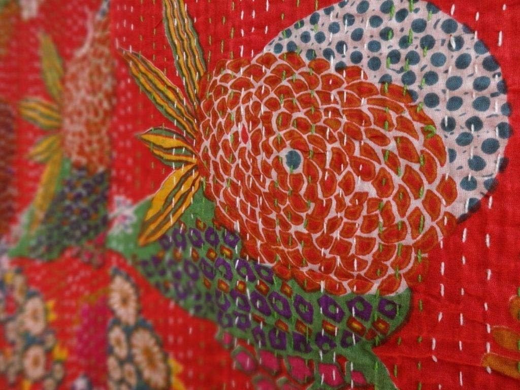 Indian Handmade Red Kantha Quilt Cotton Fruit Print Tribal Bed Cover Reversible Bedspread Blanket Picnic Throw Floral Coverlet 90x60 Inches