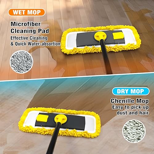 Miniatura 2 de Trapeador de polvo con almohadillas de microfibra y chenilla, mopa plana seca y húmeda para limpiar madera dura, azulejos, vinilo, cocina, baño,