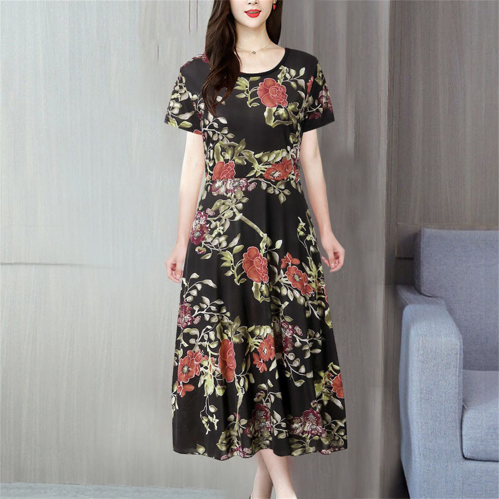 Dresses That Hide Belly Fat Women Fashion Summer O Neck Ankle Length Short  Sleeve Printing Long Dress (Black, XXL) : Amazon.ca: Clothing, Shoes &  Accessories