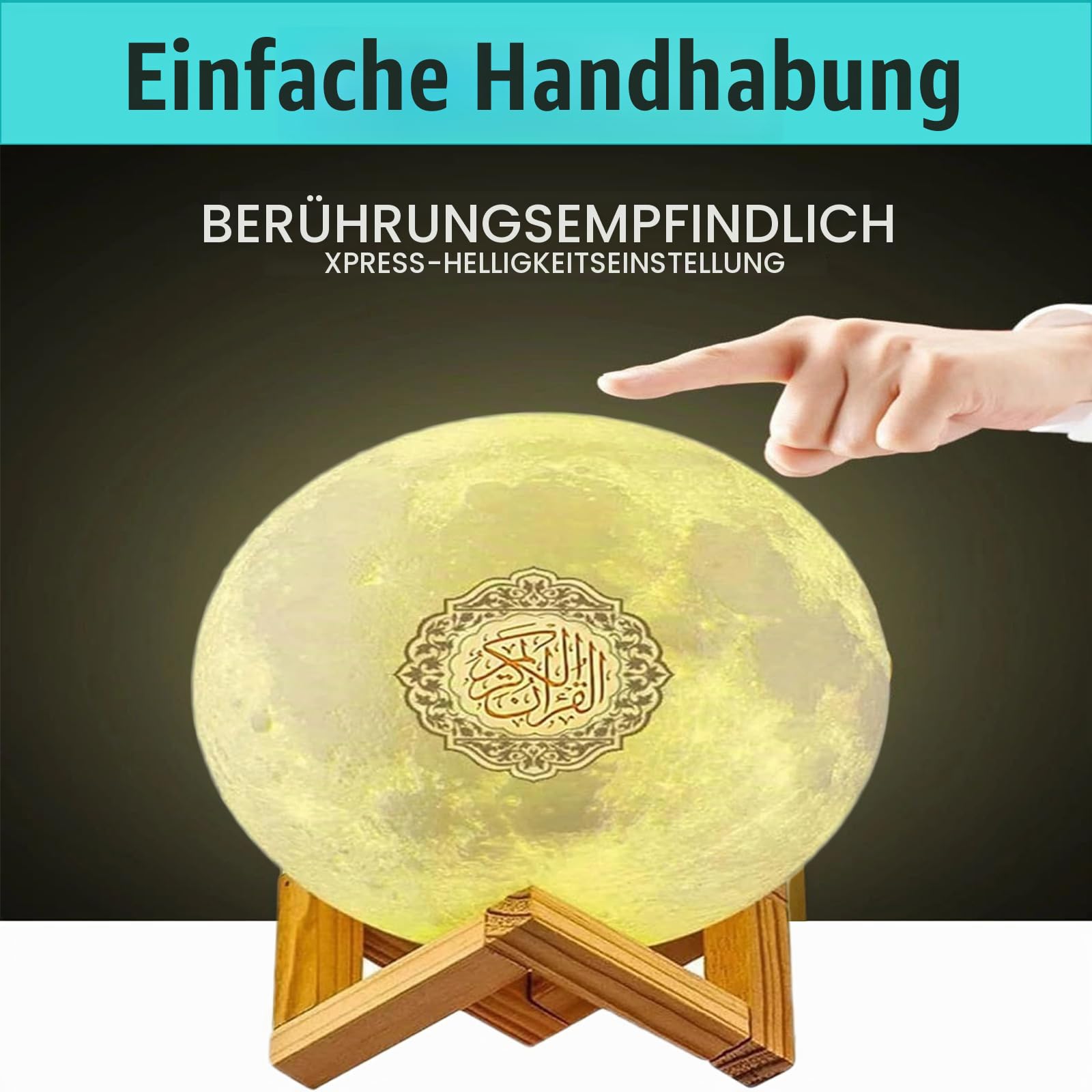 Quran Mondlampe Bluetooth, Quran Smart Touch Mondlichter, 3D LED Nachtlampe, 16 Farben Mondlicht Nachtlicht, Koran Lautsprecher Player, Fernbedienung Kleine Mondlampe (A)