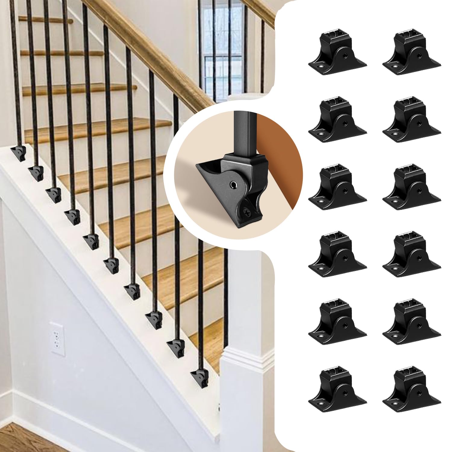 12Pack Wrought Iron Balusters 44 Inches Deck Balusters Bundle with 12P Iron Baluster Shoes Swivel Shoes